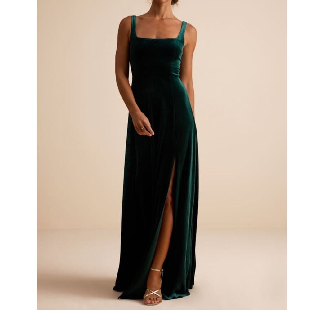 NEW Lulus Graceful Invite Emerald Velvet Square Neck Lace-Up Maxi Dress Medium